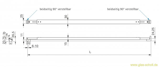 rechteckige Stabilisierungsstange GLAS-WAND verstellbar (Länge auswählen) Länge auswählen