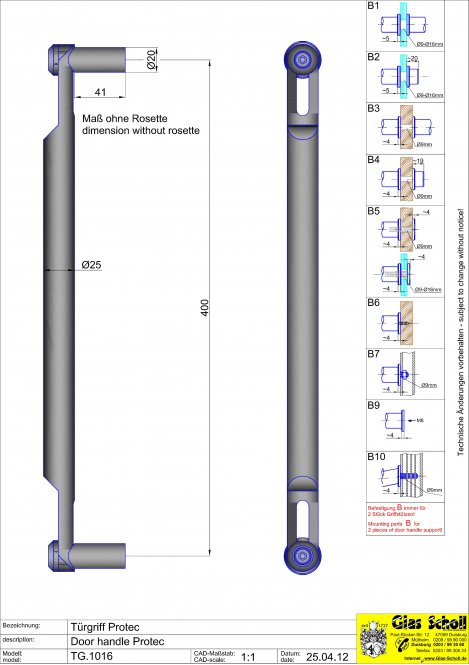 Edelstahl Stangengriff Modell ProTec geschliffen h=425