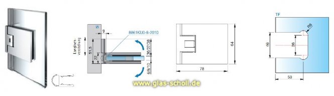 Flamea+ 90° extrastark Glas-Wand Pendel-Duschtürband (verdeckte Verschraubung) Edelstahlfinish PVD