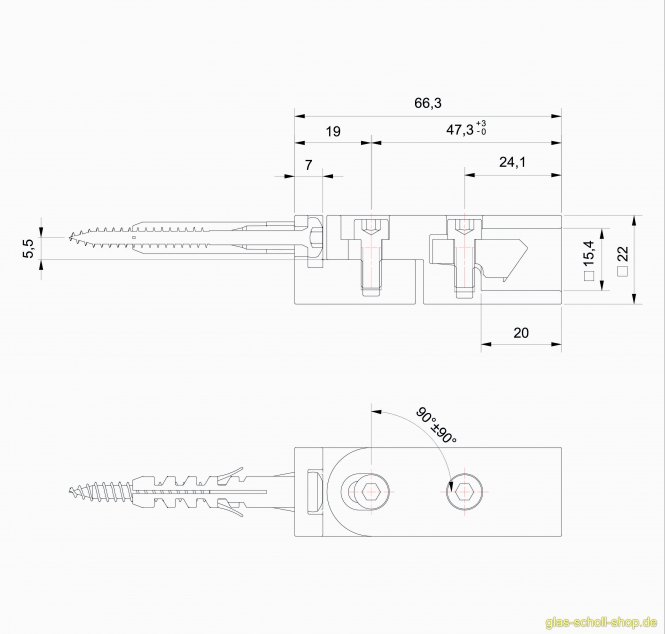kürzbare drehbare quadr. Stabilisierungsstange 15x15 GLAS-WAND (SET) 