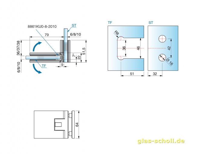 Flamea+ 90° extrastark Glas-Glas Pendel-Duschtürband (verdeckte Verschraubung) glanzverchromt