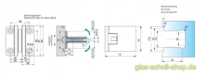 Flamea+ 90° Glas-Wand Pendel-Duschtürband beids. Befestigungslasche glanzverchromt