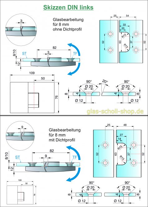 Pavone flächenbündiges Hebe-Senk-Pendeltürband Glas-Glas 180° glanzverchromt DIN-Rechts