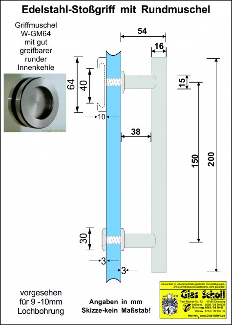 Edelstahl-Stossgriff (rund) mit einseitig runder Griffmuschel 