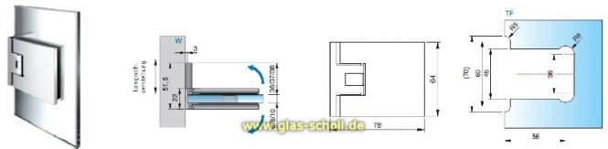 Flamea+ 90° extrastark Glas-Wand Pendel-Duschtürband (verdeckte Verschraubung) Edelstahlfinish PVD