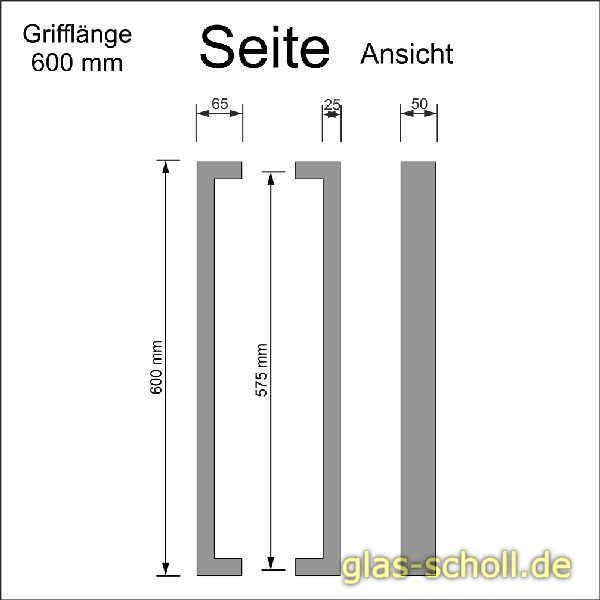 beidseitiger eckiger DESIGN-Edelstahl Stossgriff (Lochb.14mm) Länge 475mm