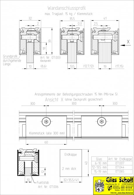 Wandanschlußprofil/Oberlichtprofil Grundprofil 2,0m für 8mm Glas