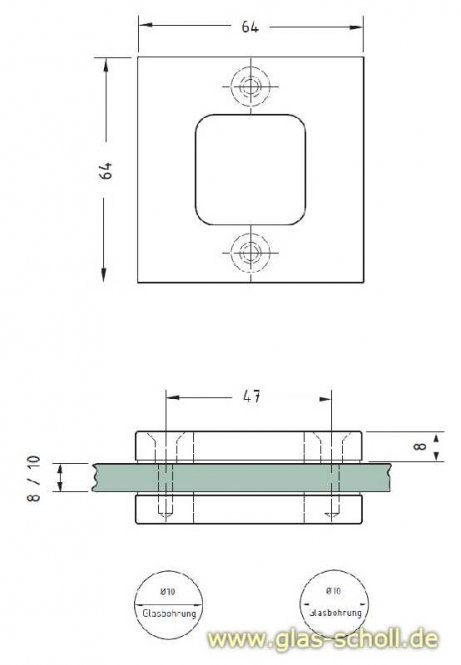 eckige Leichtmetall-Griffmuschel mit Loch 64x64 gebürstete Aluoptik 