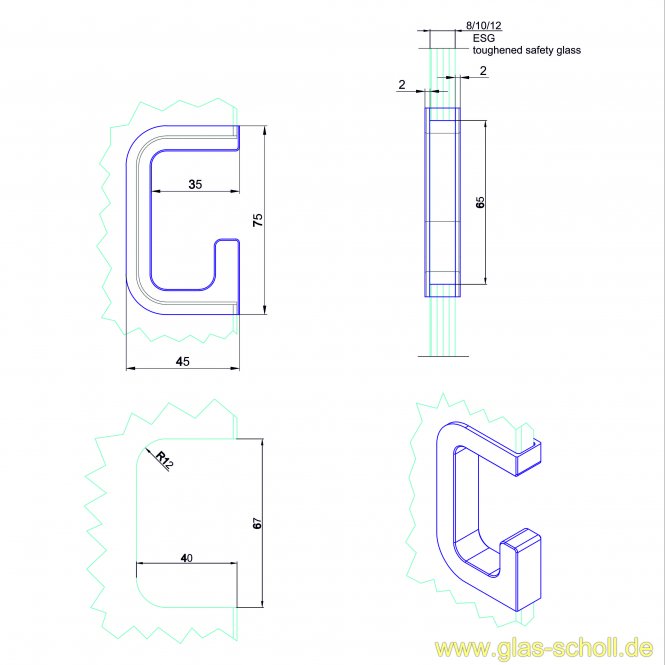 Design G-Edelstahl-Griffmuschel für Schiebetüren für 8mm Glas geschliffen