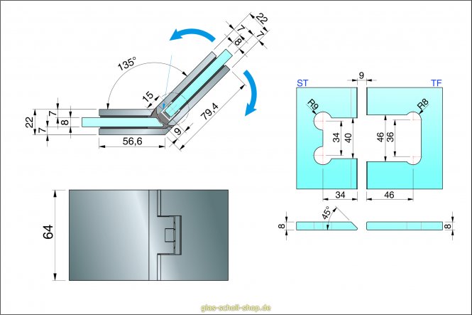 Flamea+ 135° extrastark Glas-Glas Pendel-Duschtürband (verdeckte Verschraubung) 