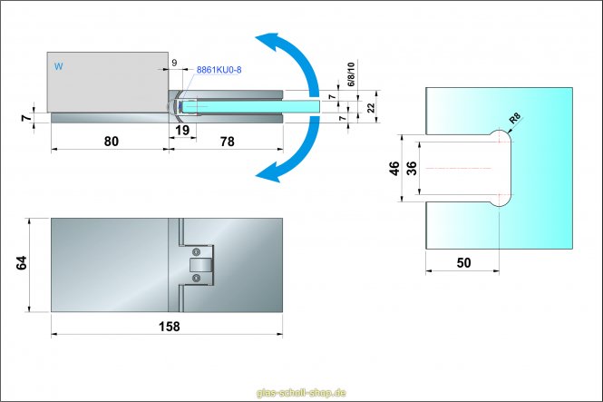 Flamea+ 180° extrastark Glas-Wand Pendel-Duschtürband (verdeckte Verschraubung) 