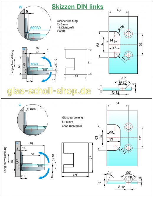 Pavone flächenbündiges Hebe-Senk-Pendel Duschtürband Glas-Wand 90° glanzverchromt
