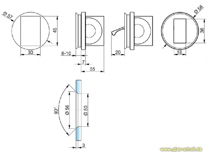 einseitig flächenbündiger Glastürgriff, für 8-10mm Glasstärke glanzverchromt