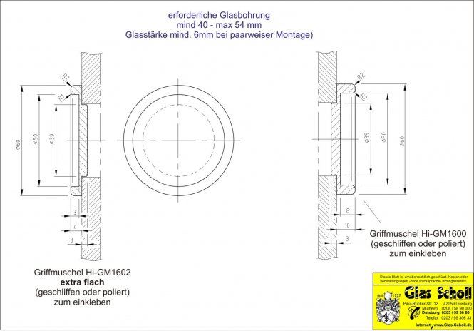 einklebbare schmale Griffmuschel d=60 für 40mm Lochbohrung Edelstahl geschliffen