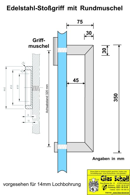 Edelstahl Stangengriff mit einseitiger Griffmuschel (ohne Überstand) 