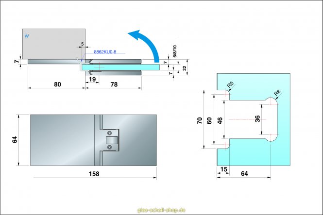 Flamea+ 180° extrastark Glas-Wand Pendel-Duschtürband (verdeckte Verschraubung) 