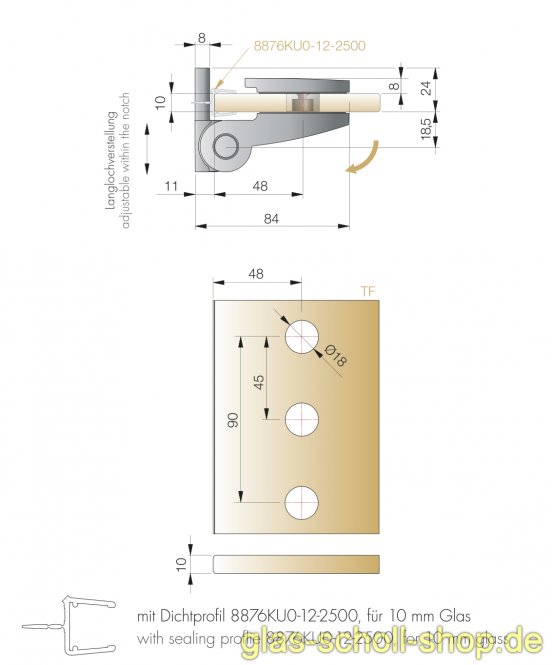 TURA SCHWERLASTBAND Glas-Wand 90Grad nach außen öffnend Duschür glanzverchromt