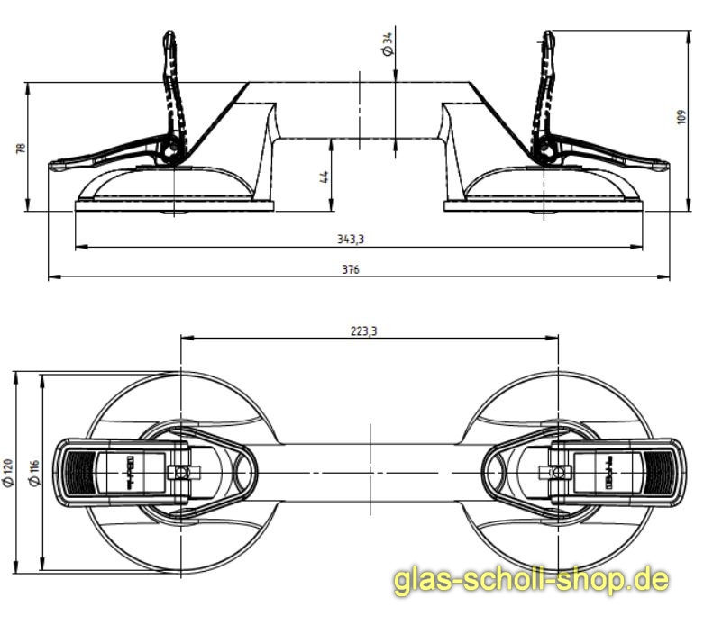 Tragkraft: 60 Kg 2-Kopf-Kunststoff Tragrichtung: parallel Veribor® Saugheber 
